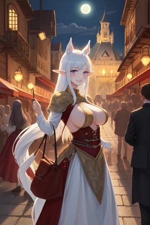 white and horse style and longand spiky hair,hd,tall,1girl,big boobs,sexy pose,fox mask side way,smiling,have a bag,castle,night,elf,people in the backround,people grayed out,human form