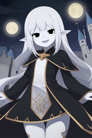 white and long hair,1girl,mage dress,spiky hair,black eyes,white skin,happy face,small noise,big chest,small body ,thic tights,castle,night,