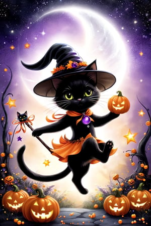 Envision a delightful scene brimming with Halloween charm, centered around an irresistibly cute black kitten embodying the spirit of the holiday. Adorned with a whimsical witch's hat and a slender magical wand, the kitten explores a world alight with enchanting details. It stands in a vivid magic circle, whose glowing runes dance around with ethereal grace. Above, a cascade of candies twirl and float, their colors vivid in black and orange, like a visual symphony. The atmosphere conveys a sense of playful magic, amplified by sparkling stars and a sprinkle of glitter, all of which contribute to a cute, captivating tableau that embodies the warmth and joy of Halloween night., fullmoon