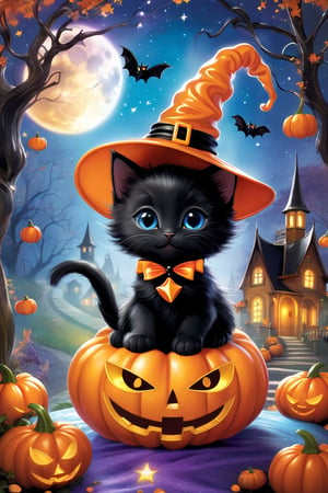 Envision a delightful scene brimming with Halloween charm, centered around an irresistibly cute black kitten embodying the spirit of the holiday. Adorned with a whimsical witch's hat and a slender magical wand, the kitten explores a world alight with enchanting details. It stands in a vivid magic circle, whose glowing runes dance around with ethereal grace. Above, a cascade of candies twirl and float, their colors vivid in black and orange, like a visual symphony. The atmosphere conveys a sense of playful magic, amplified by sparkling stars and a sprinkle of glitter, all of which contribute to a cute, captivating tableau that embodies the warmth and joy of Halloween night., fullmoon