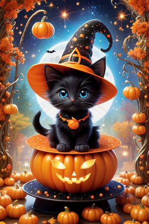 Envision a delightful scene brimming with Halloween charm, centered around an irresistibly cute black kitten embodying the spirit of the holiday. Adorned with a whimsical witch's hat and a slender magical wand, the kitten explores a world alight with enchanting details. It stands in a vivid magic circle, whose glowing runes dance around with ethereal grace. Above, a cascade of candies twirl and float, their colors vivid in black and orange, like a visual symphony. The atmosphere conveys a sense of playful magic, amplified by sparkling stars and a sprinkle of glitter, all of which contribute to a cute, captivating tableau that embodies the warmth and joy of Halloween night., fullmoon