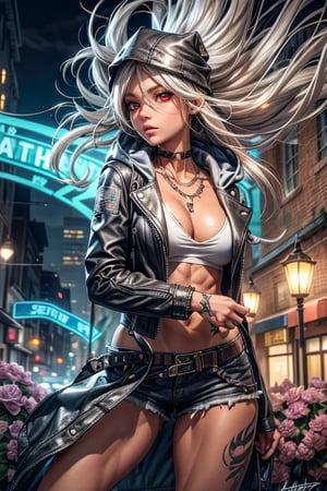 A handsome girl standing  in a dark early street, with a muscular body, a chiselled face, sharing a leather jacket with a hood over the head,  In the background you can see a street light  photorealistic, high details, masterpiece,