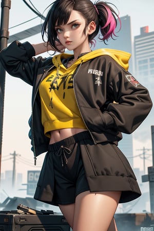 dark gothic cyberpunk woman, defiant face, pastel colors, in clothes, colorful hair, light yellow sweatshirt, pants, black, with pink, guns hd, high detail, huoshen, TheLastOfUs, mgln
