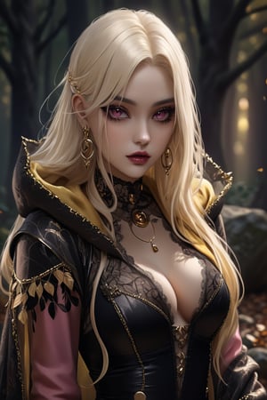 Masterpiece, 4K, ultra detailed, beautiful female singer with flawless dark makeup, beautiful detailed eyes and glossy lips, golden earring, wavy long white hair, sheer pink lace robe with lace stockings, large boulder in quiet autumn forest, depth of field, SFW, more detail XL, punk art style,