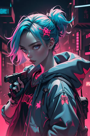 dark gothic cyberpunk woman, defiant face, pastel colors, in clothes, colorful hair, light yellow sweatshirt, pants, black, with pink, guns hd, high detail, huoshen, TheLastOfUs, mgln
