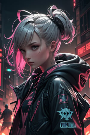 dark gothic cyberpunk woman, defiant face, pastel colors, in clothes, colorful hair, light yellow sweatshirt, pants, black, with pink, guns hd, high detail, huoshen, TheLastOfUs, mgln
