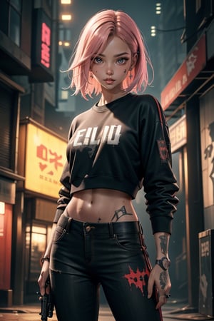 dark gothic cyberpunk woman, defiant face, pastel colors, in clothes, colorful hair, light yellow sweatshirt, pants, black, with pink, guns hd, high detail, huoshen, TheLastOfUs, mgln
