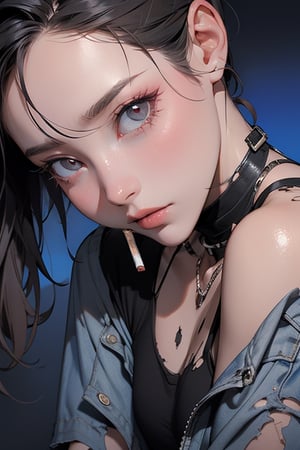 Alice in Wonderland dark gothic cyberpunk woman, defiant face, torn and dirty clothes, with a cigarette in her mouth, hd, high detail, huoshen, TheLastOfUs, mgln
,Wendi