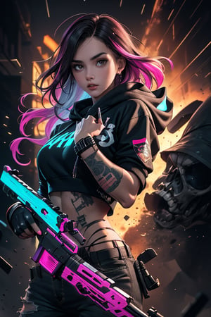 dark gothic cyberpunk woman, defiant face, pastel colors, in clothes, colorful hair, light yellow sweatshirt, pants, black, with pink, guns hd, high detail, huoshen, TheLastOfUs, mgln
