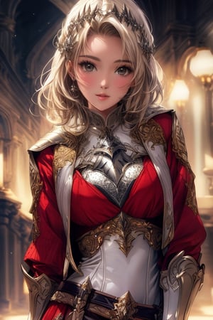 masterpiece, high quality, animation aesthetic photo ,(HDR:1.3), pore and detailed, intricate detailed, graceful and beautiful textures, RAW photo, 16K, diffused sunlight, , high contrast, wide shot, front view, (head to waist portrait),, (white-Knight girl theme:1.4)), beautiful girl, detailed face, gentle smile, light-blond curl short hair, fair skin, (white sexy armor with jewelry), high detailed, ultra detailed, vibrant colors, ambient lighting, high resolution, world-class official images, impressive visual, perfect composition,1 girl