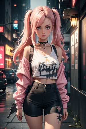 dark gothic cyberpunk woman, defiant face, pastel colors, in clothes, colorful hair, light yellow sweatshirt, pants, black, with pink, guns hd, high detail, huoshen, TheLastOfUs, mgln
