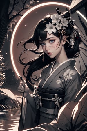 
(masterpiece, best quality, detailed, high resolution, iridescent), horror, glitch, (retro), (solo), upper body, (geisha), (vibrant colors), (monochrome), blossom, tree,