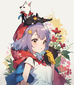  
a cute girl, in profile, with a beautiful face, dressed as a little red riding hood with a wolf's head on her head.