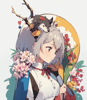  
a cute girl with wite hair, in profile, with a beautiful face, dressed as a little red riding hood with a wolf's head on her head.