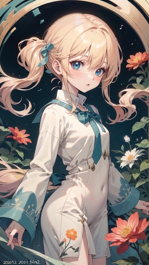 ((SFW)), a girl with long_blonde_hair standing in front of bushes, anime_girl with long_blonde_hair hair_between_eyes, blue_eyes, wearing a dated day dress, dress embellishments ribbon pattern, anime visual of a cute girl, nyaruko-san, seifuku, blonde twintails, top rated on pixiv, very_long_hair, white_dress, red_flower, wide_sleeves, wind wind_lift,, Imaginative_Melodies, Gardenia_Portraits,