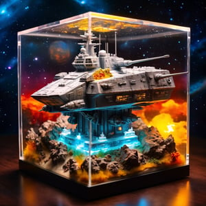 sci-fi cosmic diorama of a battle ship in a resin cube, volumetric lighting, high resolution, hdr, sharpen, photorealism