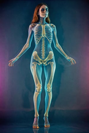 (best quality, epic masterpiece:1.3), (analog photo, full length, full view), x-ray art of a woman in a psychedellic color background, transparent skin, skin outline using vivid colors, expressive pose, x-ray skeleton