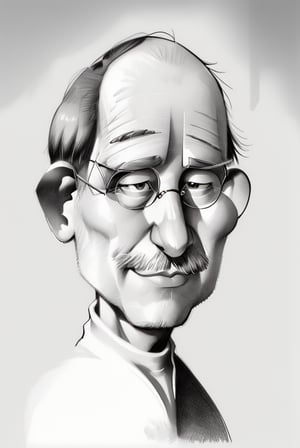 monochrome, grayscale, humorous, caricature of ((Steve Jobs)), portrait