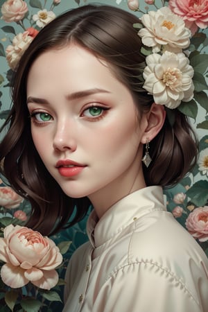 Portrait headshot of a happy white young-adult female with medium light_ brown hair and green eyes, jewelry, diamond earrings, heavy eyeliner, dark eyeshadow, red lipstick, floral background, creative imagination,  Imaginative_Melodies, Gardenia_Portraits,