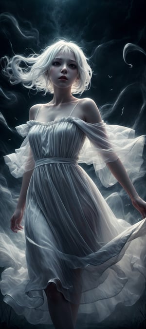 masterpiece, best quality, highres, 1girl, ghost, halloween, white hair, black eyes, white dress, colored skin, white skin, sad, floating_hair, flowing dress, misty, nighttime, ethereal wispy winds, 
