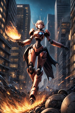 1girl, super cute mecha fire-walker, swirling fire particles, [city in ruins], cyber tech, neon district, Animated, pixar style, FireAI, cloudstick, ,FireAI