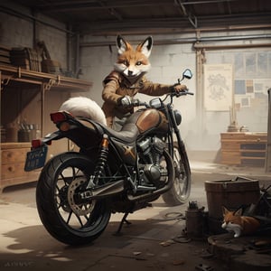 room2, a drawing of animal fox dressed in a trench coat, solo, anthropomorphic fox, fox mechanic, mechanic workshop, working on a motorcycle, fixing a motorcycle, zootopia concept art, great character design, high quality character design, expert high detail concept art, arcane style, 