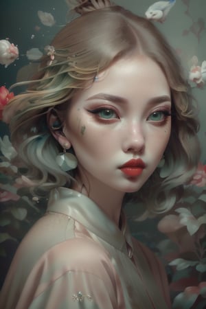 (Portrait headshot of a Vibrant porcelain goddess young-adult female with medium light_ brown European hair and green eyes, red blouse, jewelry, diamond earrings, heavy eyeliner, dark eyeshadow, red lipstick:1.5), flowers, birds, (creative imagery),  Imaginative_Melodies, Gardenia_Portraits,