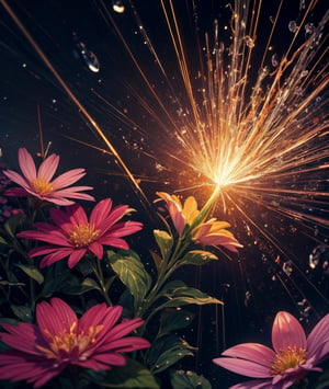 flowers, night, sparks, light rays, detailed, raindrops on flower, high quality, masterpiece, best quality, great detail, creative, imaginative design, ,More Detail