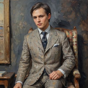 art by sargent, palette knife painting, ((epic masterpiece, best quality:1.5)), oil painting, (Head and shoulder painting), a painting depicting Dorian Gray. We see Dorian dressed in a relaxed plaid Lounge suit with loose cuts allowed for movability, his button up dress shirt has a tall stand collar with winged tips. Dorian is solemn and quiet. 