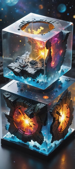 sci-fi cosmic diorama of a battle in a resin cube, volumetric lighting, high resolution, hdr, sharpen, photorealism, more detail XL, 