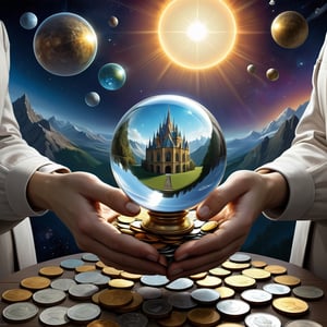 (masterpiece, best quality:1.4), (by Igor Morski, Jacek Yerka, Anne Bachelier), a crystal ball sitting on top of a pile of coins, stunning sci-fi concept art, deepdream cosmic, holding a galaxy, interconnected, tolkien and michael komarck, precisionism, holding a shining orb of data, beautiful singularities, digital art - n 5, open hand, (surrealism:1.15), 