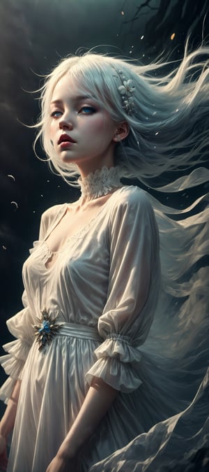 masterpiece, best quality, highres, 1girl, ghost, halloween, white hair, dazzling blue eyes, lush lips, closed mouth, embellished white dress, colored skin, white skin, sad, floating_hair, flowing dress, misty, nighttime, ethereal wispy fog, light on face, 