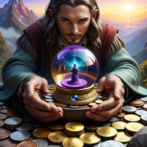 (masterpiece, best quality:1.4), a crystal ball sitting on top of a pile of coins, stunning sci-fi concept art, deepdream cosmic, holding a galaxy, interconnected, tolkien and michael komarck, precisionism, rendering of checkmate, holding a shining orb of data, beautiful singularities, digital art - n 5, open hand