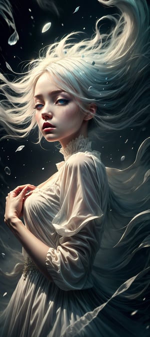 masterpiece, best quality, highres, 1girl, ghost, halloween, white hair, dazzling blue eyes, lush lips, closed mouth, embellished white dress, colored skin, white skin, sad, floating_hair, flowing dress, misty, nighttime, ethereal wispy fog, light on face, 