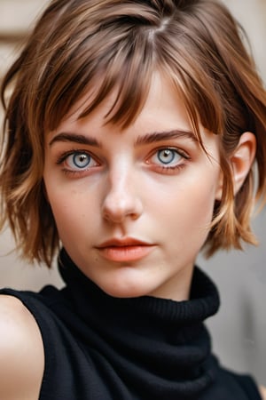 The background is a Paris alley, soft dof, BREAK (in the style of Ilya Kuvshinov:1.2, Tom Lovell:0.5), French Parisian xxmix_girl, masterpiece, best quality, detailed eyes, detailed face, detailed skin, detailed body, (upper body glamour portrait), a French Parisian woman with copper blunt bangs short hair, gazing the viewer with her bright gray eyes reflecting power and intrigue, a faint dimple gracing her left cheek when she offers a restrained smile, dark orange sleeveless turtleneck, 