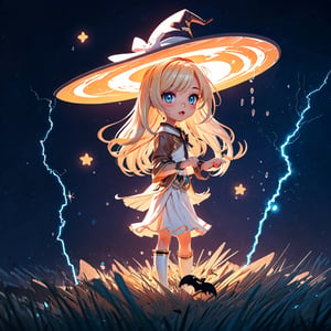 (dark background:1.33), start lights, ruins, full body, chibi, (18year old girl:1.5)), Anime SFW image, beautiful girl, slender figure, young adult, random poses, random angles, A composition that captures the whole body, detailed fan art, witch girl, splash art anime kawaii, bright witch, official artwork, witch hat commission, Cheerful, official fan art, cute art style, best quality, extreme light and shadow, magical wand, white thigh high boots, brown robe, white skirt, night view, bouncing hair, 1 girl, anime style, small face features, large expressive eyes, small nose, thin lips, small chin, soft hands, (realism: 1.2), petite, bangs, (trace the contour with detailed intricate white thin lined crackling shimmering vibrant lightning:1.3), (glowing:1.1), (shimmer and twinkl:1.2), luminism, breathtaking fusion of light, indelible impression, high quality, masterpiece, swirling luminescent ribbons, (halloween theme:1.15), 