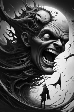 (surreal, conceptual, haunting, wallpaper, ultra detailed, high quality),  his endless screaming makes his own mind eat him up, abstract, surrealism, black and white, artstation, deviantart, pinterest, 8 k 