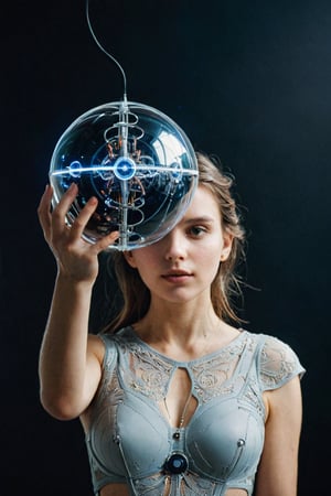 (best quality, epic masterpiece:1.3), (analog photo, upper body shot), Young woman holding a electrosphere
