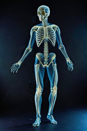 (best quality, epic masterpiece:1.3), (analog photo, full length, full view), x-ray art of a man in a psychedellic color background, transparent skin, skin outline using vivid colors, expressive pose, x-ray skeleton