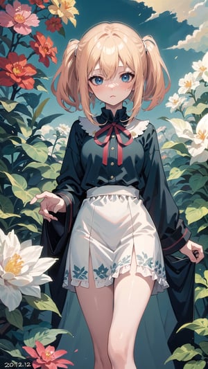 ((SFW)), a girl with long_blonde_hair standing in front of bushes, anime_girl with long_blonde_hair hair_between_eyes, blue_eyes, wearing a dated day dress, dress embellishments ribbon pattern, anime visual of a cute girl, nyaruko-san, seifuku, blonde twintails, top rated on pixiv, very_long_hair, white_dress, red_flower, wide_sleeves, wind wind_lift,, Imaginative_Melodies, Gardenia_Portraits,