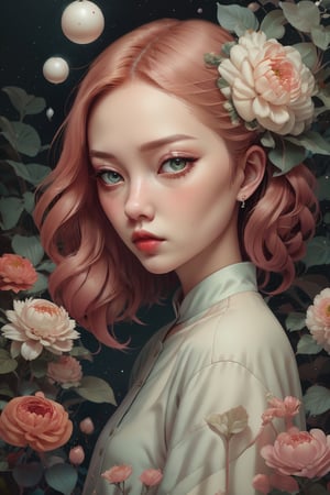 Portrait headshot of a Vibrant porcelain goddess young-adult female with medium light_ brown European hair and green eyes, red blouse, jewelry, diamond earrings, heavy eyeliner, dark eyeshadow, red lipstick, flowers, birds, ((creative imagery)),  Imaginative_Melodies, Gardenia_Portraits,