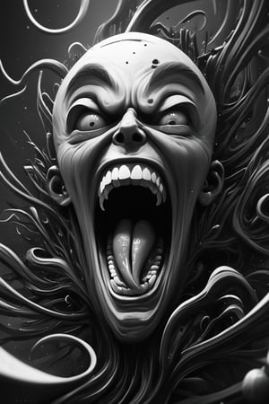 (surreal, conceptual, haunting, wallpaper, ultra detailed, high quality),  his endless screaming makes his own mind eat him up, abstract, surrealism, black and white, artstation, deviantart, pinterest, 8 k 