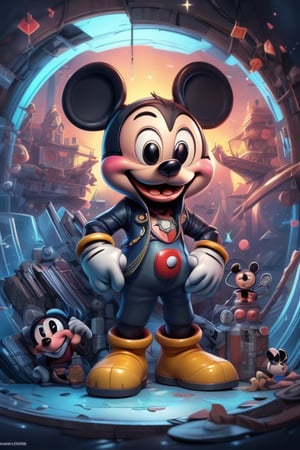DonMASKTex, dangerous ((Mickey Mouse)) wearing a  mecha becomes a gangster, detailed, artstation, [ghibli studio], ((pixar, dreamworks:1.4)), disney, epic composition, unreal engine, intricate details,