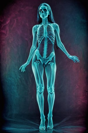 (best quality, epic masterpiece:1.3), (analog photo, full length, full view), x-ray art of a woman in a psychedellic color background, transparent skin, skin outline using vivid colors, expressive pose, x-ray skeleton