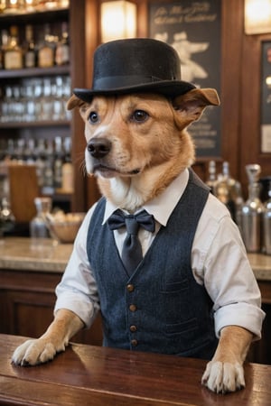 ((best quality, masterpiece, epic)), anthropomorphic canine, photorealistic scene, realistic lighting, dim lights, low light, depth of field, shallow focus, bokeh, warm inviting atmosphere, being the counter is a friendly and lively anthropomorphic dog bartender, wearing a bowler hat, cleaning towel hung over shoulder and pours a bottle of fine scotch into a glass. standing in front of the bar counter many eager patrons await service, they regal jokes and stories of their lives, casual wear, lively atmosphere, camaraderie among people, friendly, inviting atmosphere, camera: Canon R5, lens: 50mm, f-stop: 2, anthropomorphic canine, 