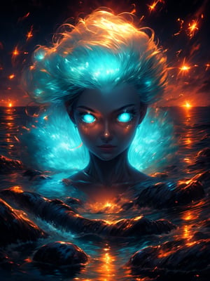 The girl's face looks out of the water, lying in the water, turquoise eyes, looking up, relaxed, crystal clear water, top view, excellent quality, elaborate and complex details, masterpiece, glare, reflections, shine water, glowing,High detailed ,GlowingRunes_,r1ge,DeepJourney