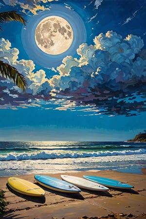 Erin Hanson& Donato Giancola& Nicolas de Stael, full moon, sandy parking lot, surfboards, palm, whitewater, clouds, saturated, painting, waves, 8k