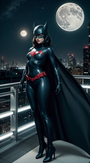 A full body Batwoman character, cartoon comic style, minimum detailing, on top of City rooftop at night, stars and one_moon, nice dynamic pose, Imaginative_Melodies, Gardenia_Portraits,