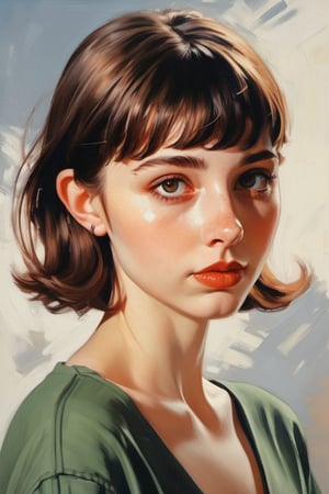 (in the style of Ilya Kuvshinov, Tom Lovell), French Parisian xxmix_girl, masterpiece, best quality, detailed eyes, detailed face, detailed skin, detailed body, (glamour portrait), a French Parisian woman with bronze _copper blunt bangs short hair, gazing the viewer with her emerald green eyes reflecting wisdom and mystery, a faint dimple gracing her left cheek when she offers a restrained smile, black v-neck shirt, and ((sapphire)) necklace adorning her neckline, 