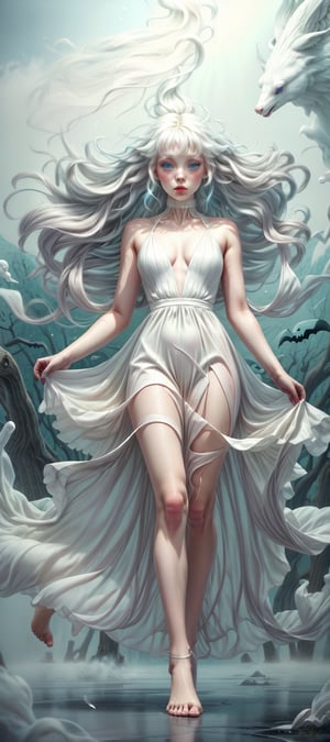 masterpiece, full body view, wide view, best quality, highres, 1girl, ghost, halloween, white hair, dazzling blue eyes, lush lips, closed mouth, embellished white dress, colored skin, white skin, sad, floating_hair, flowing dress, bare feet, ((misty)), nighttime, ethereal wispy fog, light on face, ,Imaginative_Melodies